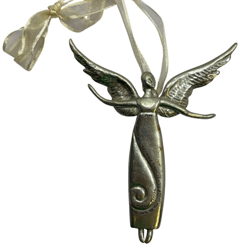 Mother Teresa Inspirational Angel Ornament Silver Tone‎ Metal Quote Small Things